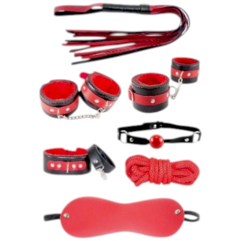 Fantezi Kelepçe-Kırbaç-Maske-Tasma 7 Parça Zincirli Deri Set