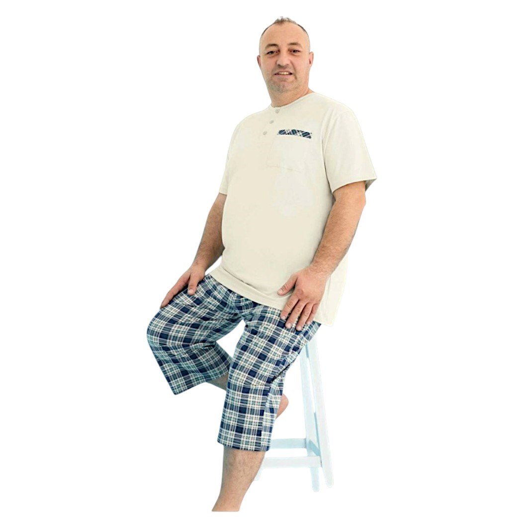Aydoğan Erkek %100 Pamuk Ekose Kareli Büyük Beden Bej  Kısa Kollu Kapri  Pijama Takımı 