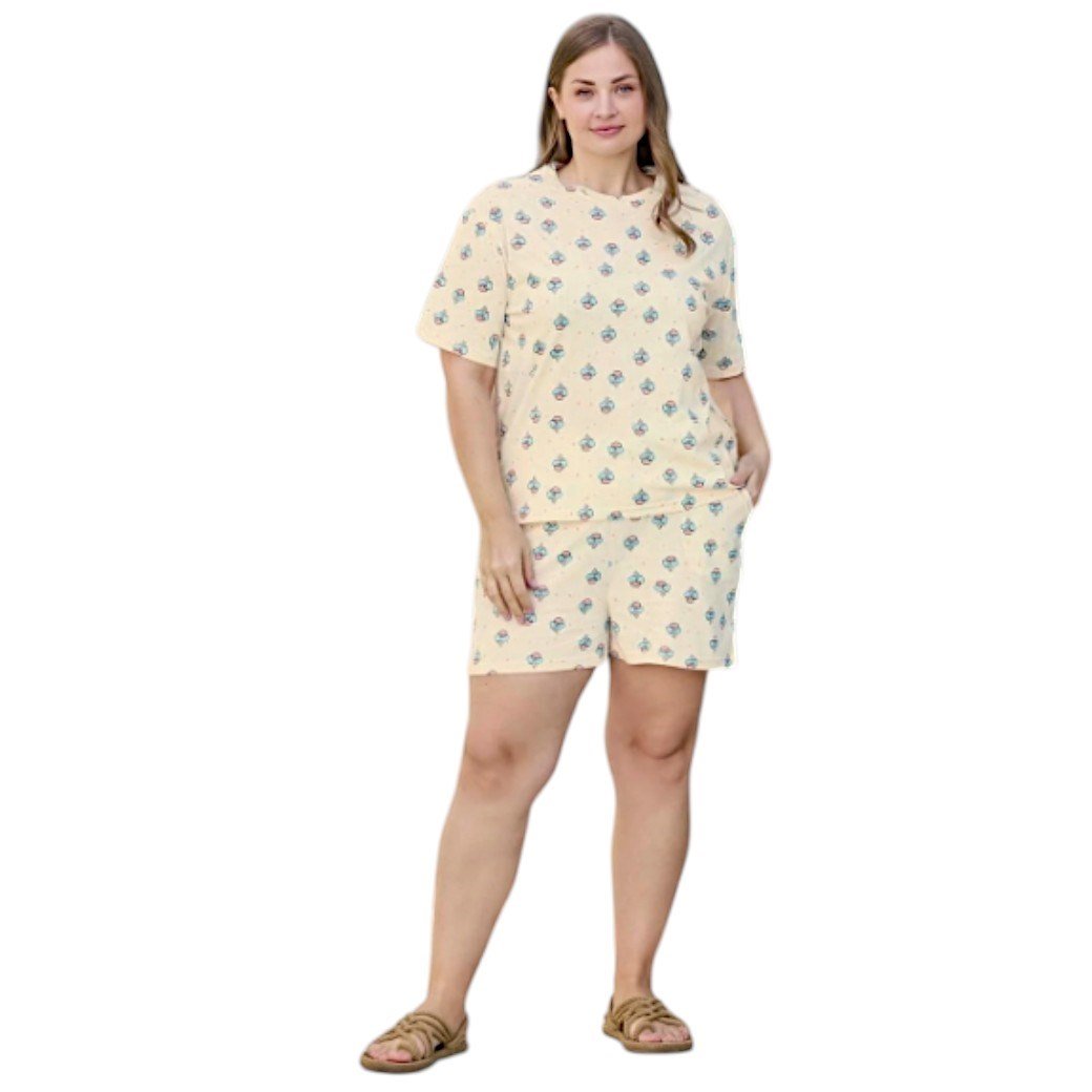 Aydoğan Kadın %100 Pamuk Dondurma Desenli Büyük Beden Sarı  Kısa Kollu Şortlu  Pijama Takımı 