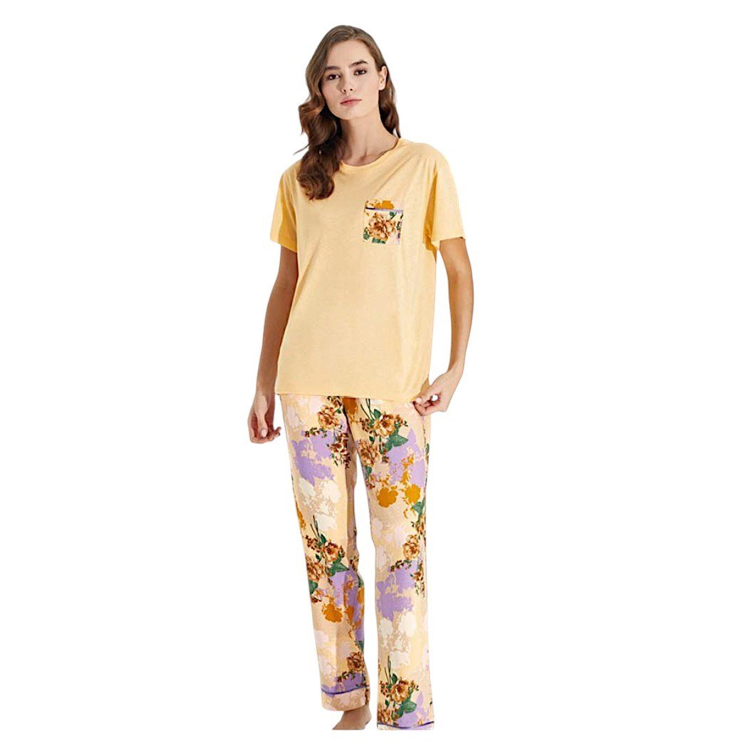 Aydoğan Kadın %100 Viskon Kısa Kol Uzun Bacak Çiçek Desenli Somon Pijama Takımı