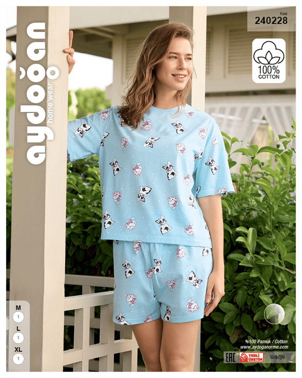Aydoğan Kadın %100 Pamuk Ayıcık Desenli  Mavi Şortlu Kısa Kol  Pijama Takımı