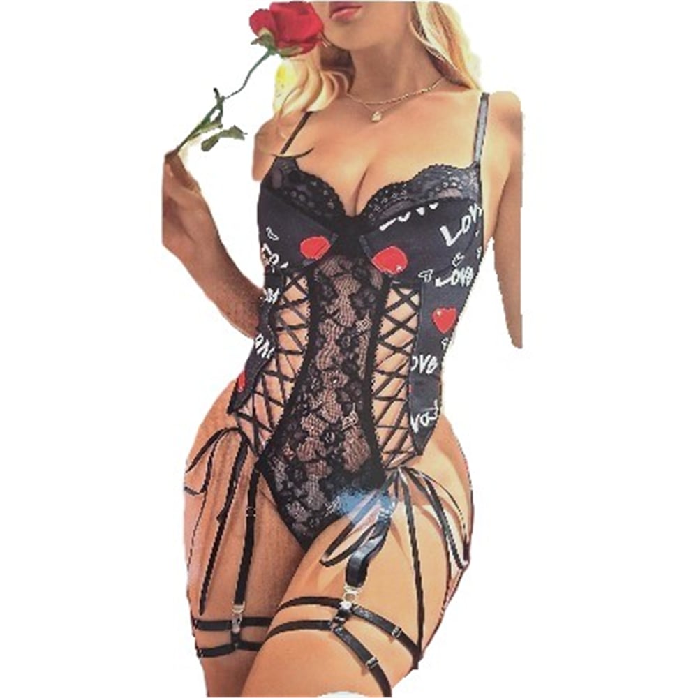 Kalp Baskılı Bodysuit-Jartiyer Set