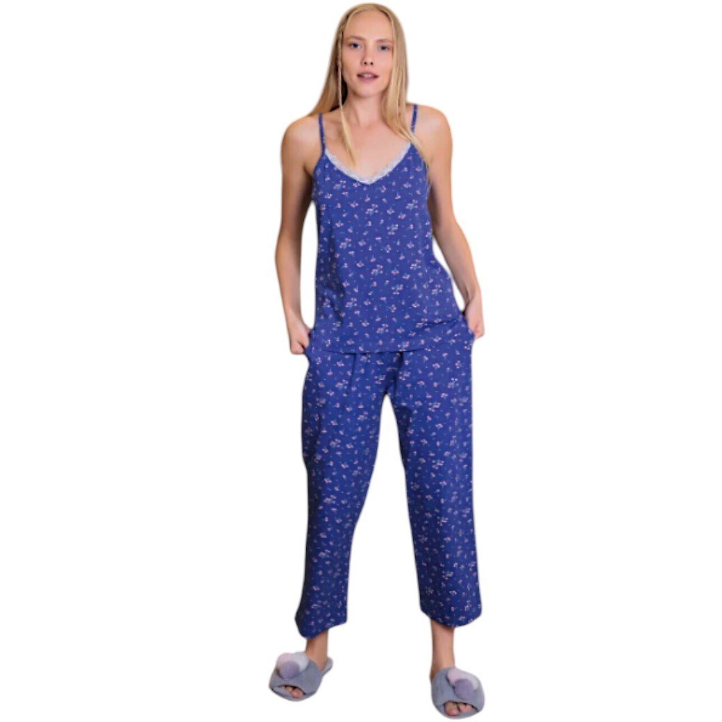 Aydoğan Kadın %95 Viskon %5 Esnek İp Askılı Uzun Bacak Mavi Çiçek Desenli Pijama Takımı 