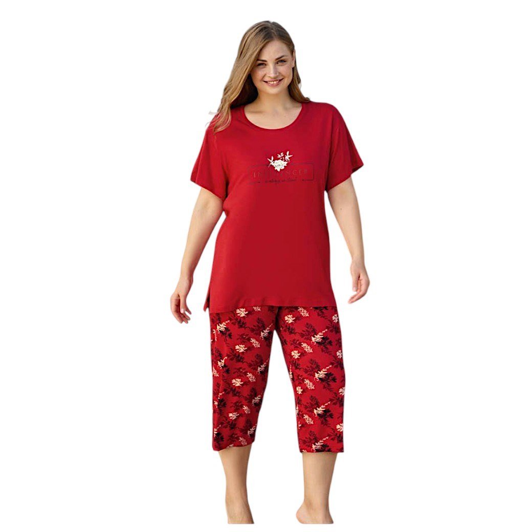 Aydoğan Kadın %95 Viskon %5 Esnek Kısa Kol Kapri Büyük Beden Kırmızı Pijama Takımı 