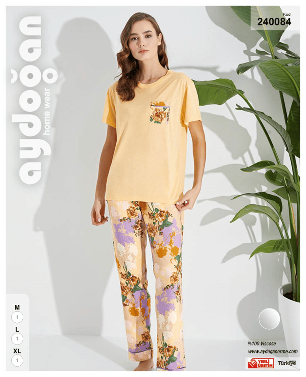 Aydoğan Kadın %100 Viskon Kısa Kol Uzun Bacak Çiçek Desenli Somon Pijama Takımı