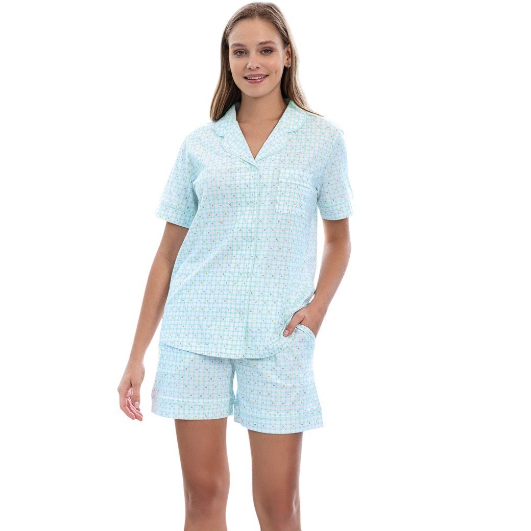 Aydoğan Kadın  %100 Pamuk Önden Düğmeli Turkuaz Mavi  Desenli  Kısa  Kollu Düz Paça   Şortlu Pijama Takımı 