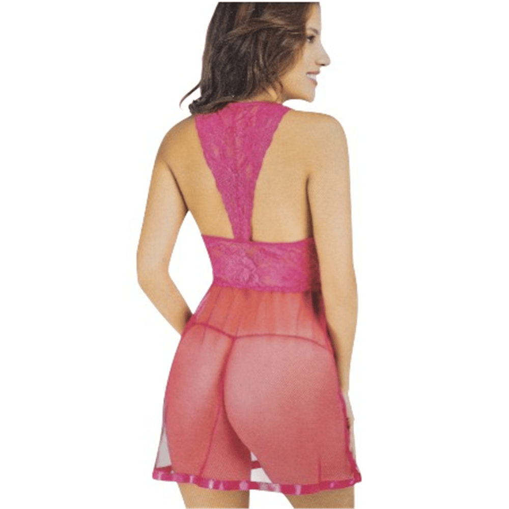 Fantezi Kısa Tül Dantel-İpli Tanga Pembe Gecelik Set