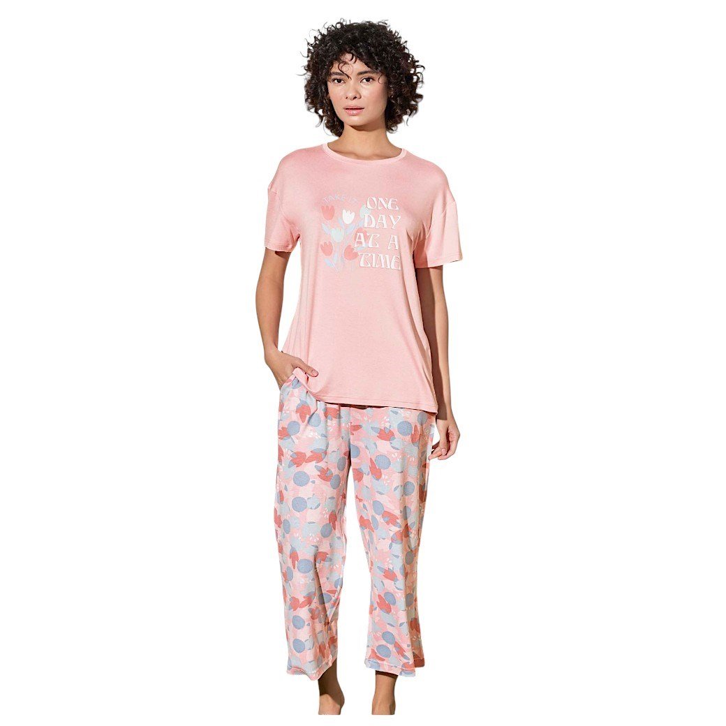Aydoğan Kadın %95 Viskon %5 Esnek Kısa Kollu  Bilek Üstü  BacakPembe Geometrik  Desenli Pijama Takımı 