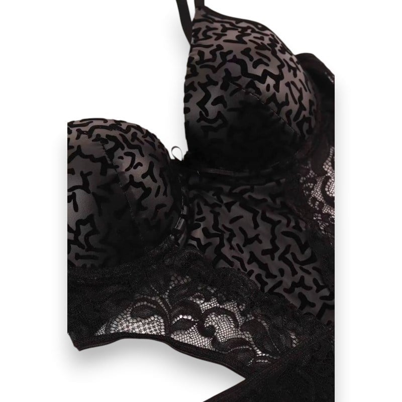 Fantezi Martı Desenli Siyah Destekli Slip Siyah Bodysuit