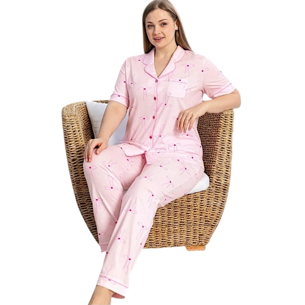 Aydoğan Kadın  %100 Pamuk Önden Düğmeli  Büyük Beden  Pembe Kısa Kollu Düz Paça  Pijama Takımı 
