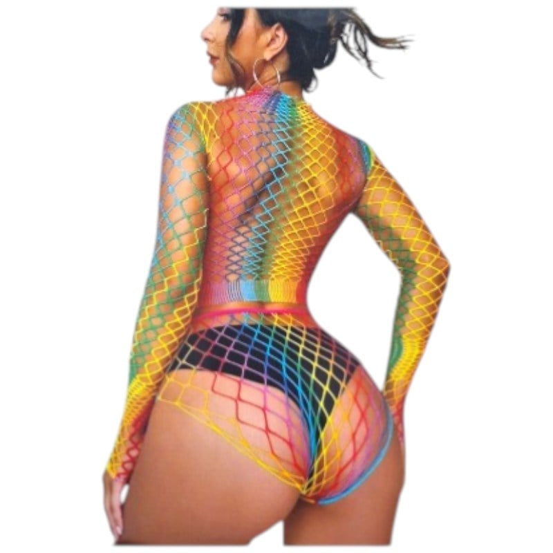 2 Parça uzun Kollu Gökkuşağı Renk Bodysuit Şort Vücut Çorabı
