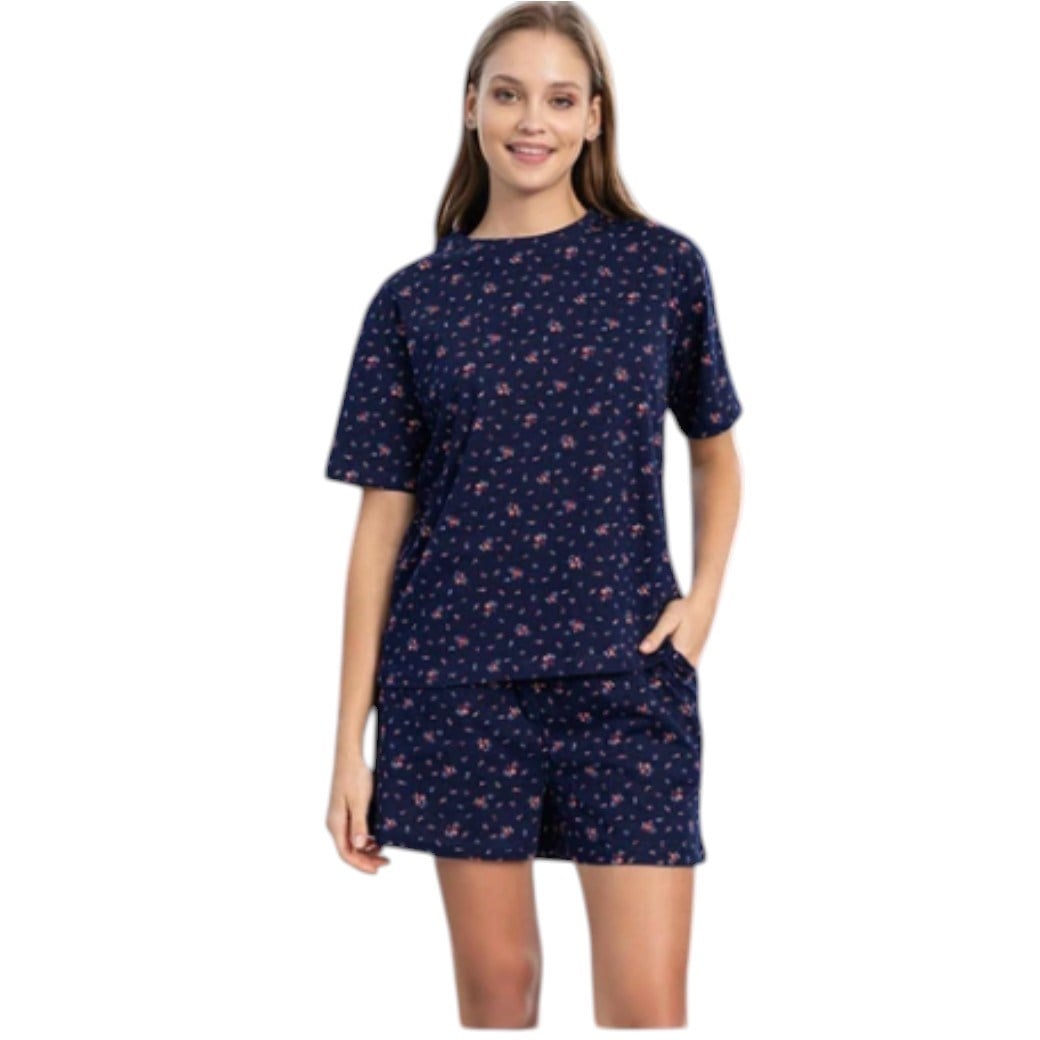 Aydoğan Kadın %100 Pamuk  Desenli Büyük Beden Lacivert  Kısa Kollu Şortlu  Pijama Takımı 