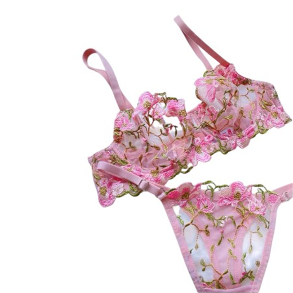 Arona Pembe Çiçekli  Tanga Tül Nakış İşlemeli 2li Takım