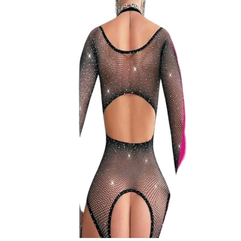 Fantezi  Ağı ve Arkası Açık Tül Taşlı Uzun Kollu Siyah Bodysuit