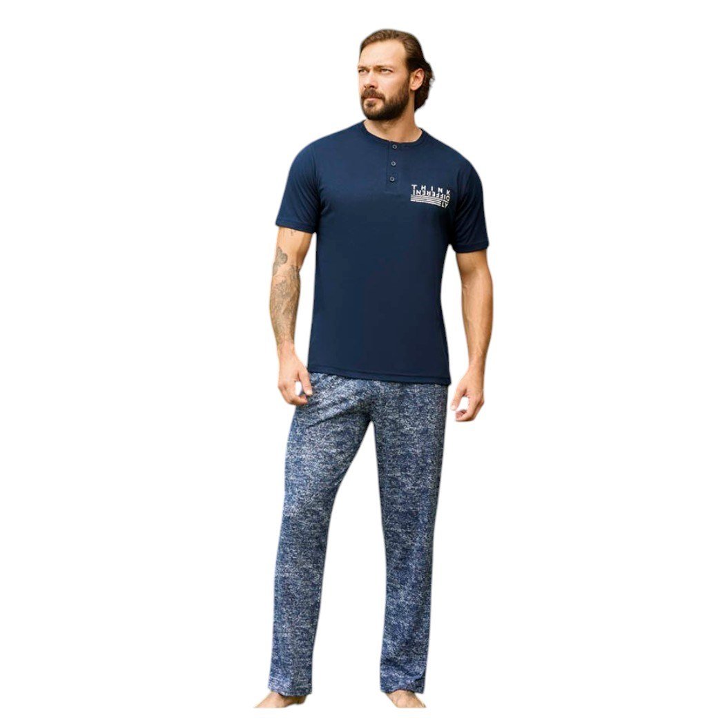 Aydoğan Erkek %100 Pamuk Kısa Kol Lacivert Düz Paça Pijama Takımı  