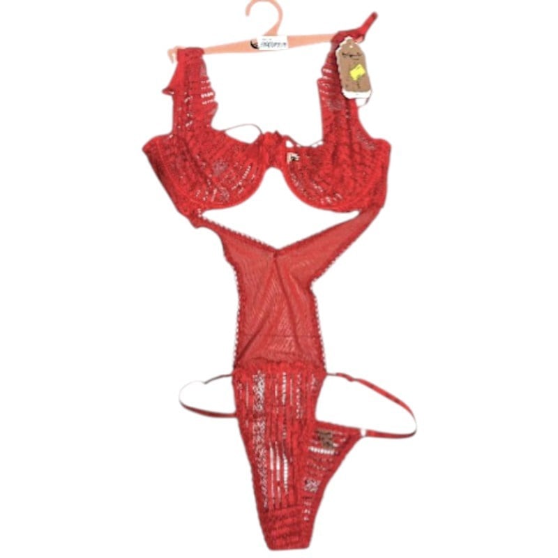 Fantezi Kırmızı Dantel Tül Tanga Kırmızı Bodysuit