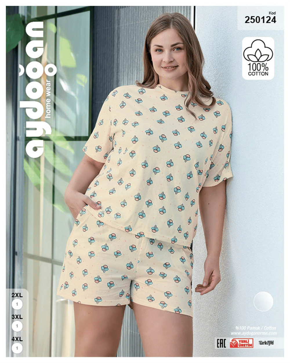 Aydoğan Kadın %100 Pamuk Dondurma Desenli Büyük Beden Sarı  Kısa Kollu Şortlu  Pijama Takımı 