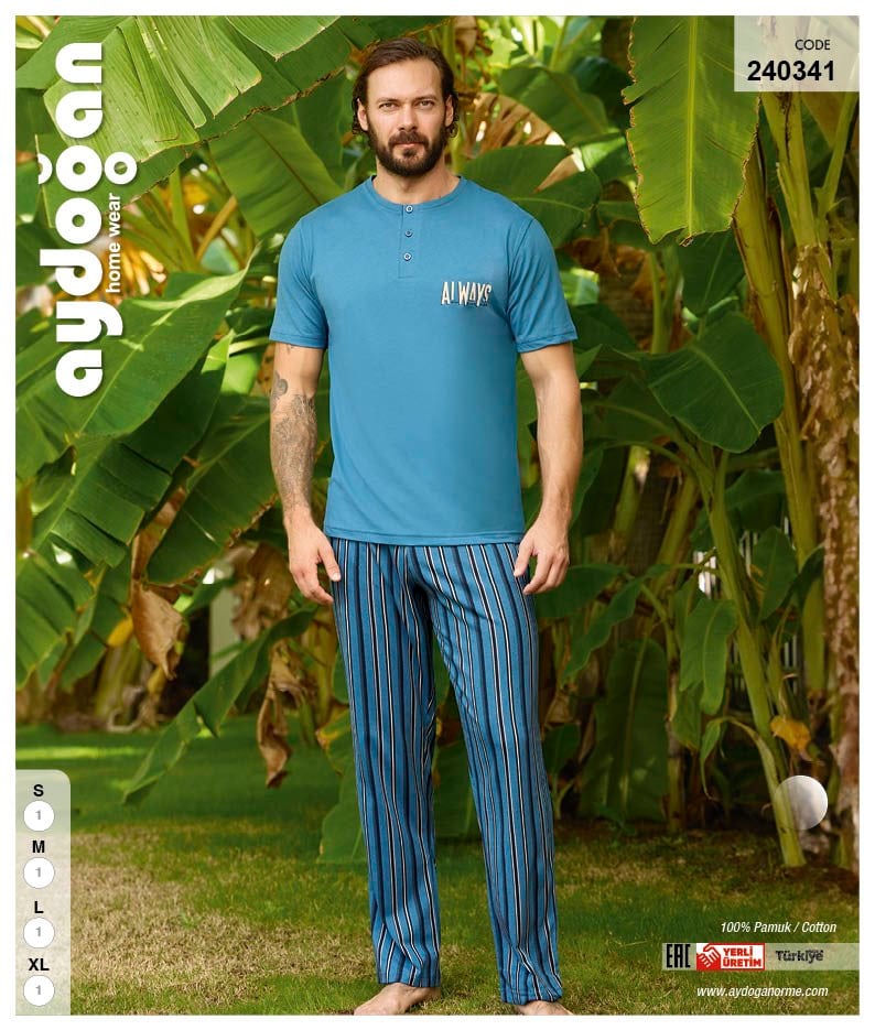 Aydoğan Erkek %100 Pamuk Kısa Kol Lacivert Düz Paça Pijama Takımı  