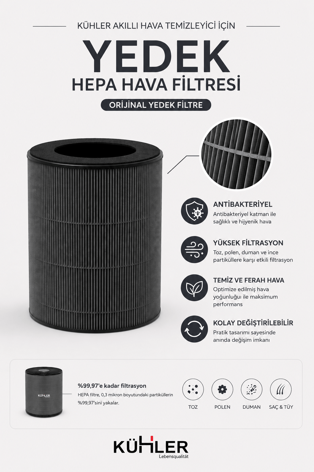 Kühler ClearAura KH-V7777 H13 HEPA Yedek Filtre | Orijinal Hava Temizleyici Filtresi Gri