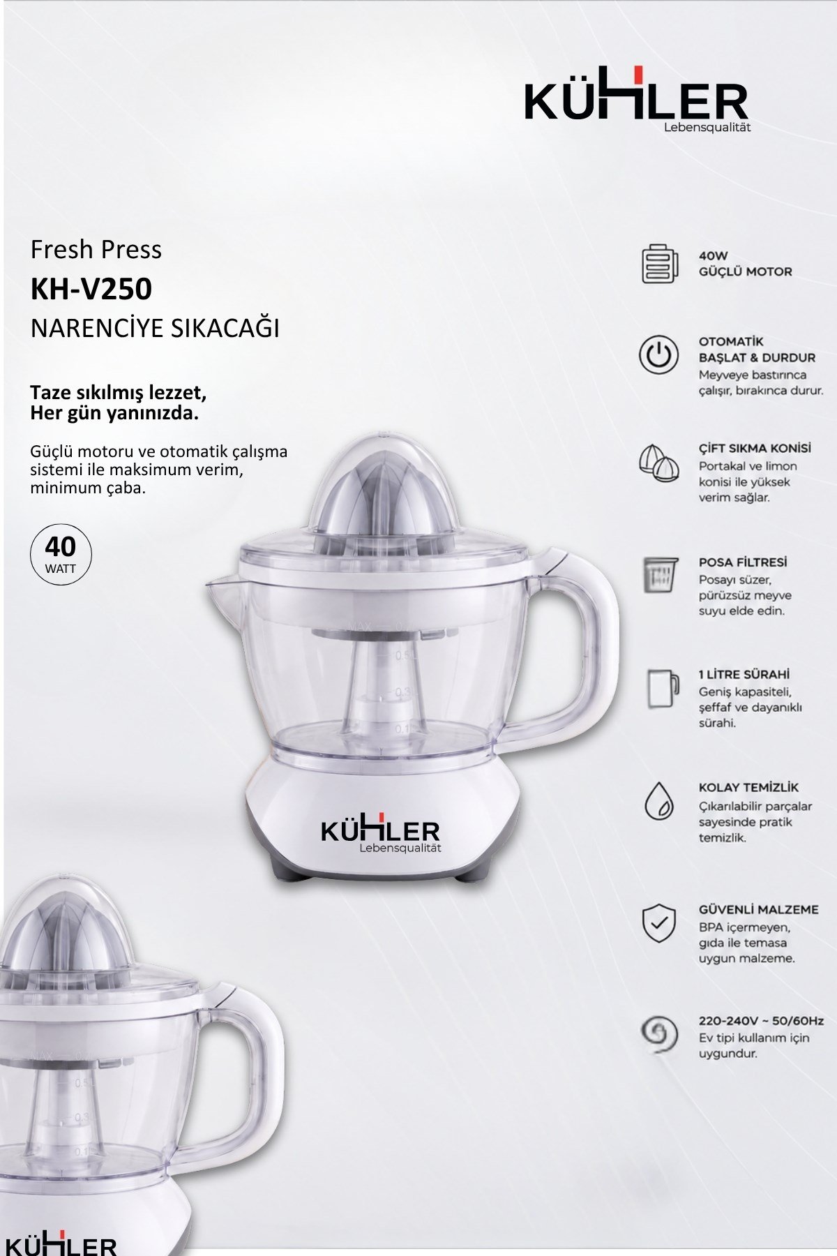 Kühler Fresh Press Elektrikli Narenciye Sıkacağı 40W | 0,7 L Hazneli Portakal, Limon ve Greyfurt Sıkacağı KH-V250