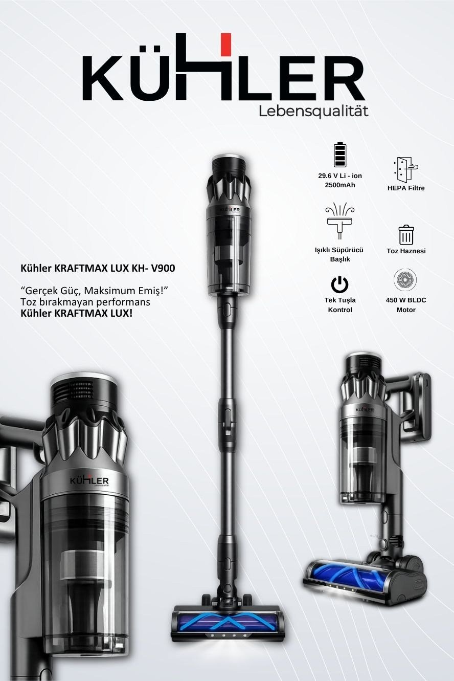 Kühler Kraftmax LUX KH-V900 Akıllı Sensörlü Dikey Şarjlı Süpürge - Kablosuz (Mini Motorlu Antialerjik HEPA Filtreli Fırça Dahil)