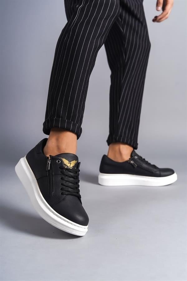 SLW155 Warrior Bağcıklı Ve Fermuarlı Cilt Erkek Günlük Sneaker Ayakkabı CBT - Siyah
