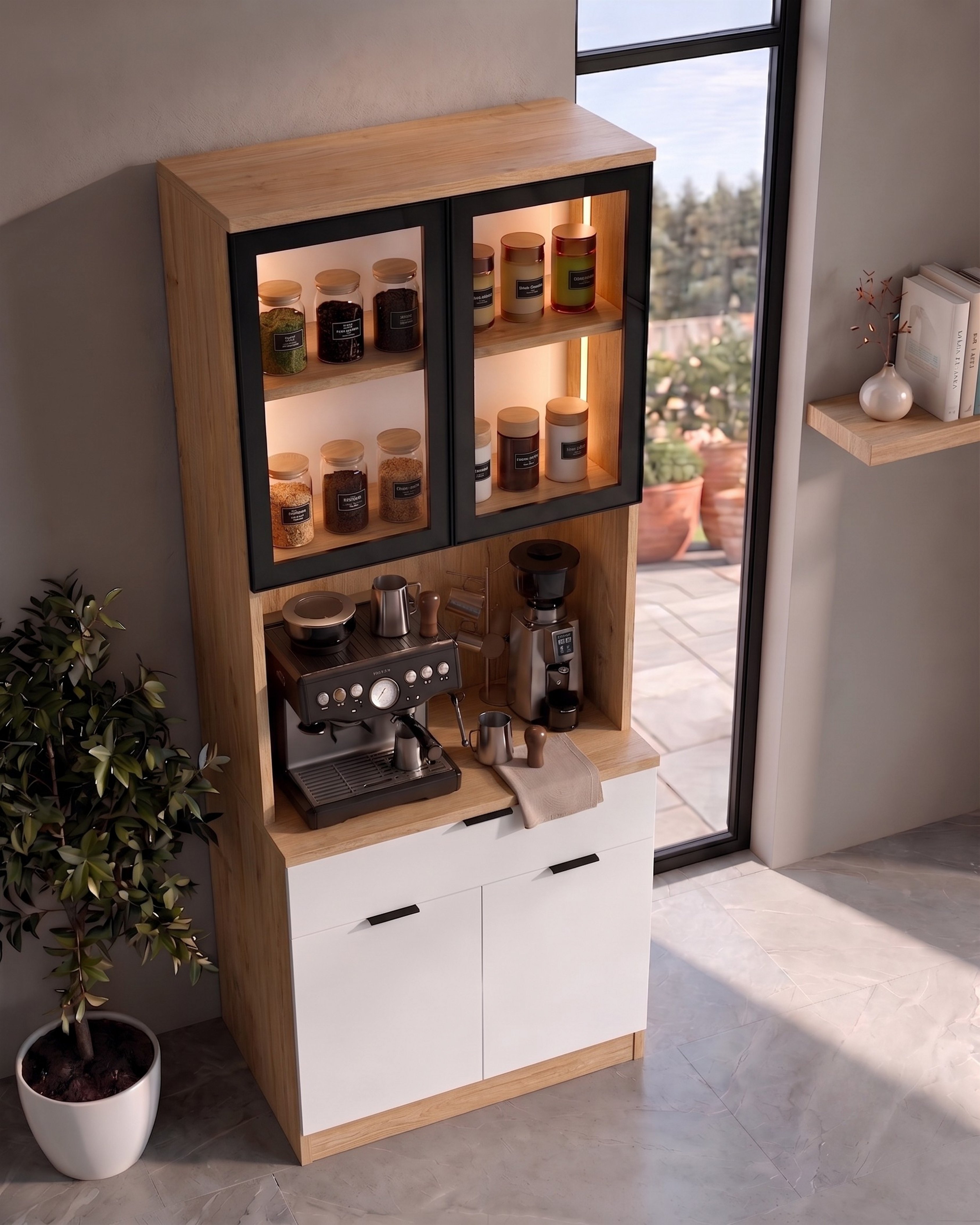Dream Premium Minimal Kahve İstasyonu - Safir Meşe Temperli Camlı LED Modül