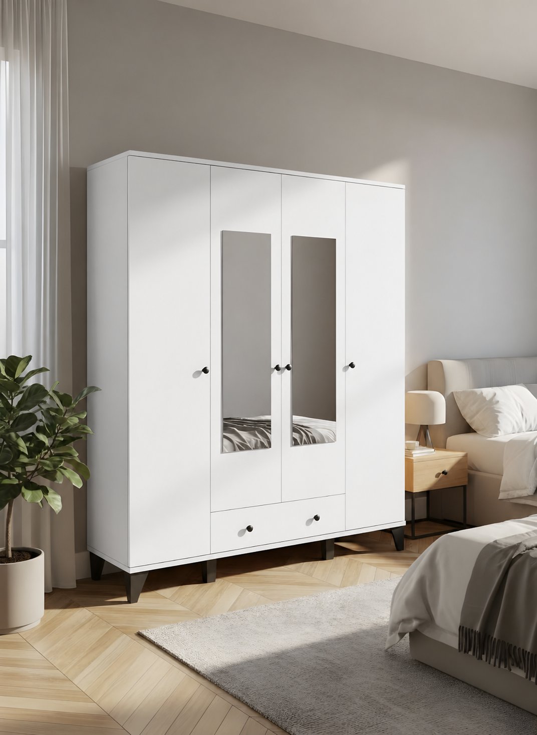 Vento Modern 4 Kapaklı Aynalı Fonksiyonel Yatak Odası & Genç Odası Elbise Dolabı - Beyaz