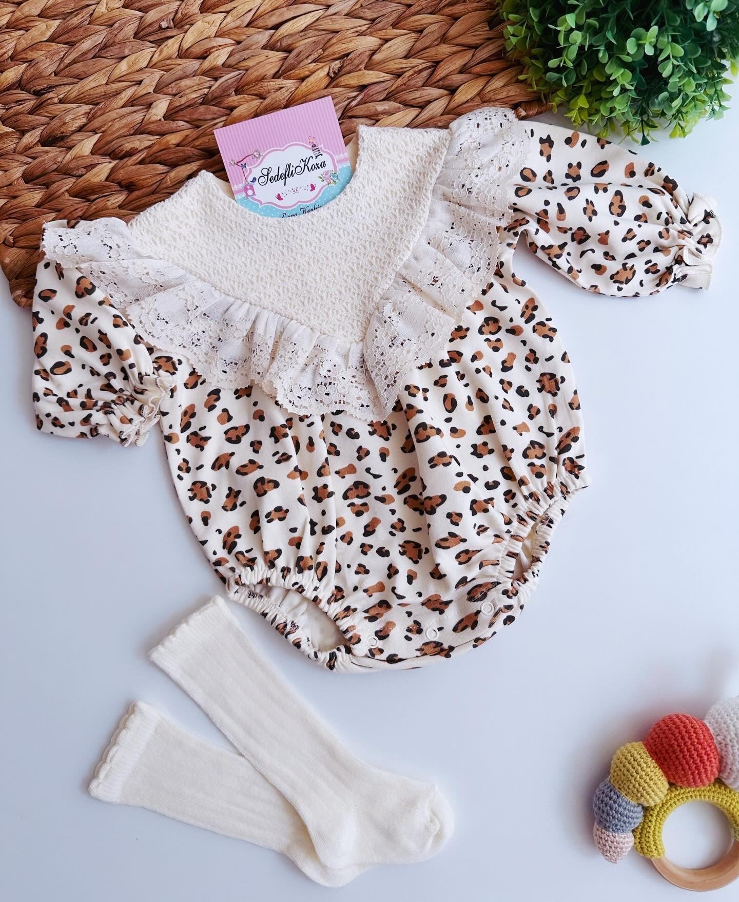 Leopar dantelli romper +çorap takım