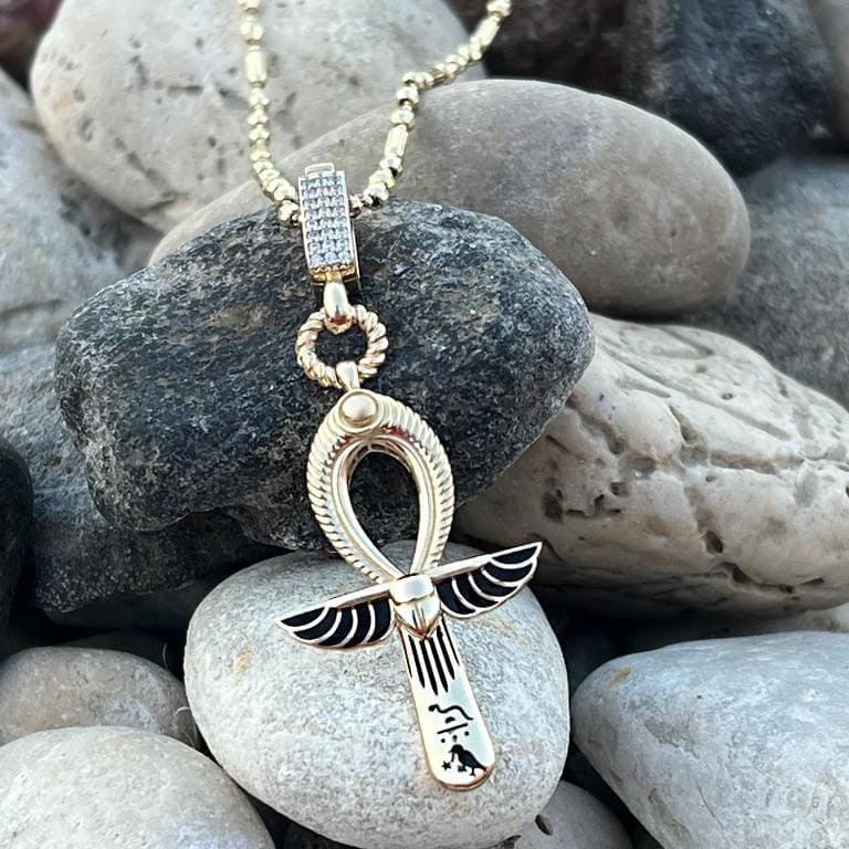 14 Ayar Altın Siyah Mineli Ankh Charm