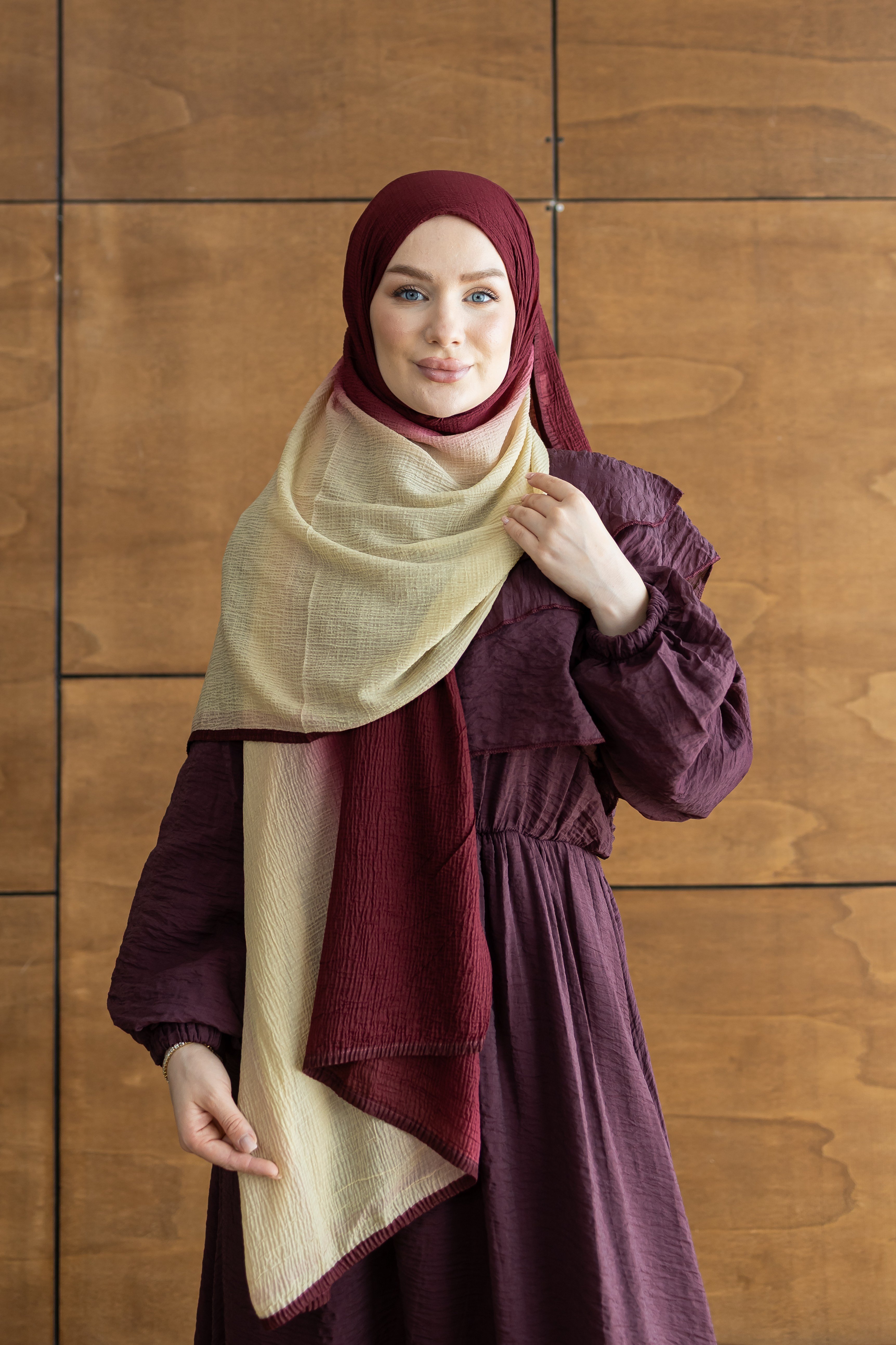 Müslin Degrade Modal Şal -Bordo-Sarı