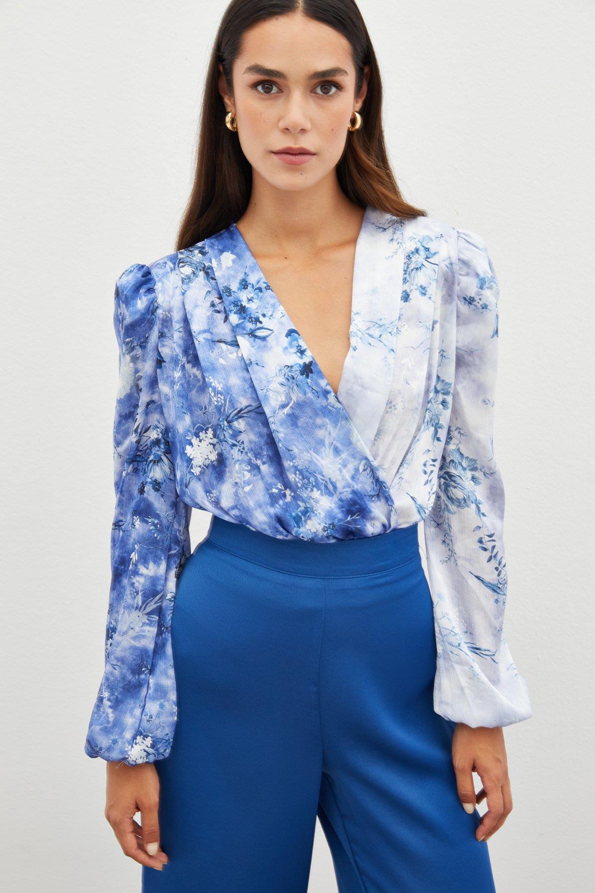  Çiçek Desenli Bodysuit Bluz - İNDİGO