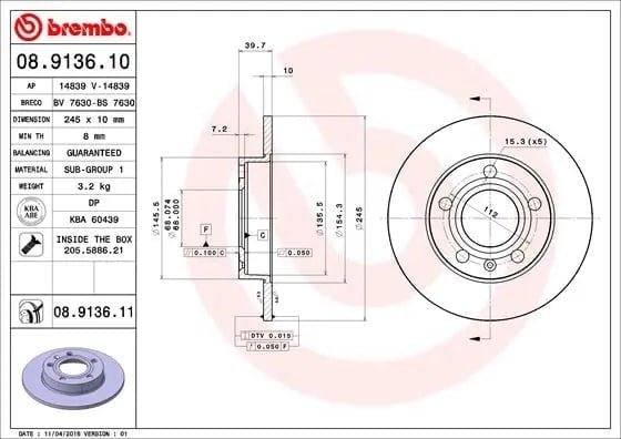BREMBO 08 9136 10 Fren Diski 8E0615601P uygun fiyat hızlı kargo