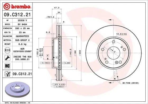 BREMBO 09C31221 Fren Diski 45251TGLE00 uygun fiyat hızlı kargo