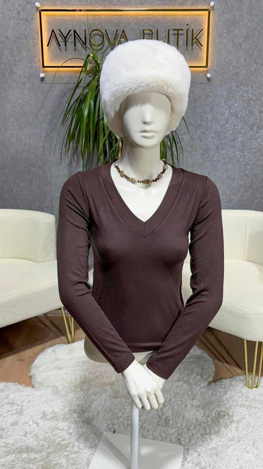 Acı Kahve V Yaka Likralı Bady Fit Duruş