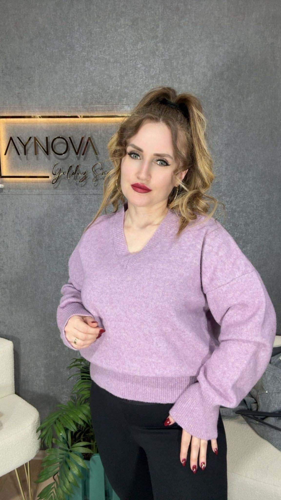 V Yaka Pullu Bluz Işıltılı Detaylar