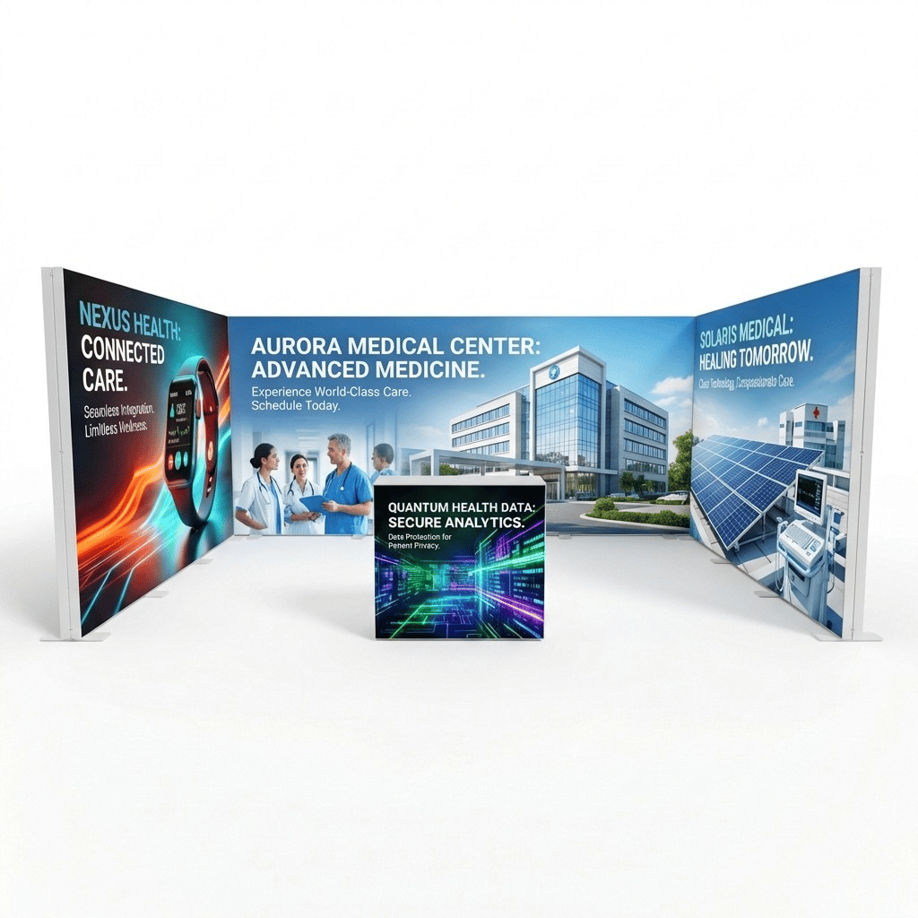 15 m² Modüler Lightbox Fuar Standı 3 Cephe Kapalı 500×300 cm - Perspektif Görünüm