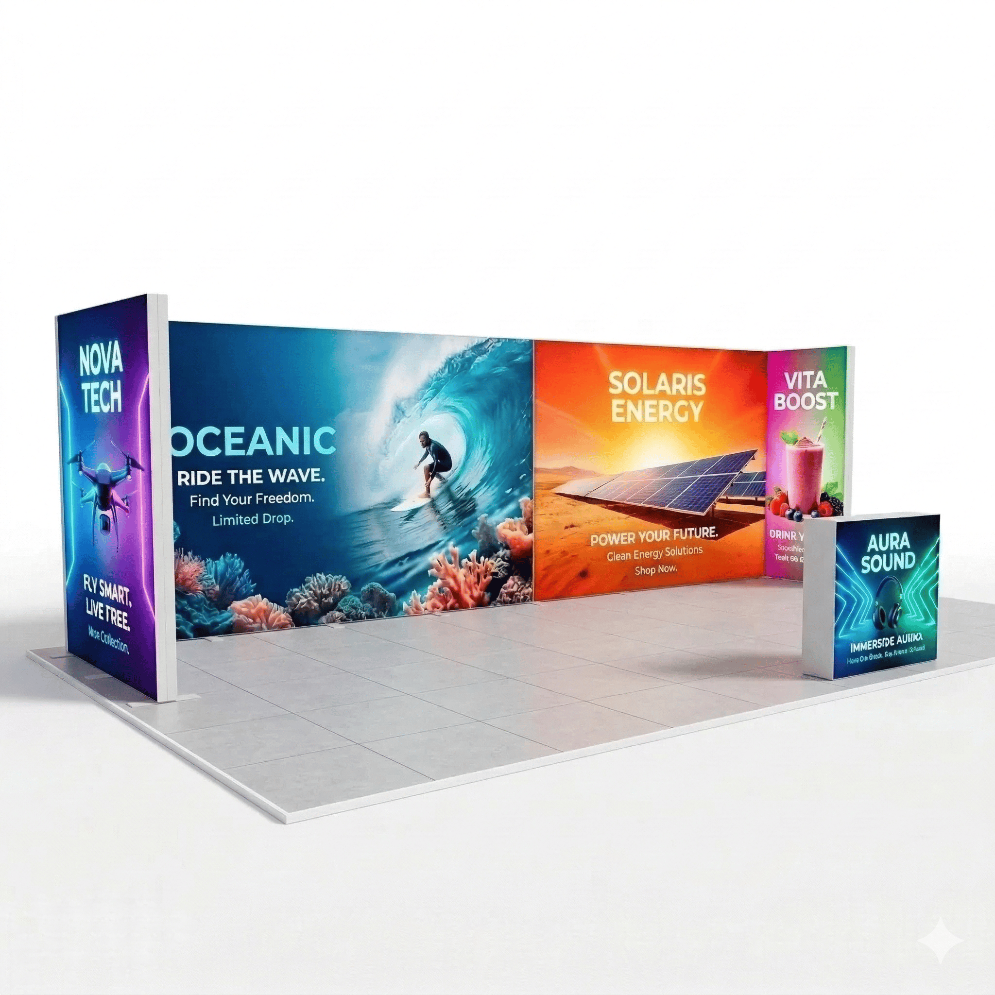 28 m² Modüler Lightbox Fuar Standı - 3 Cephe Yarım Kapalı (700x400 cm)