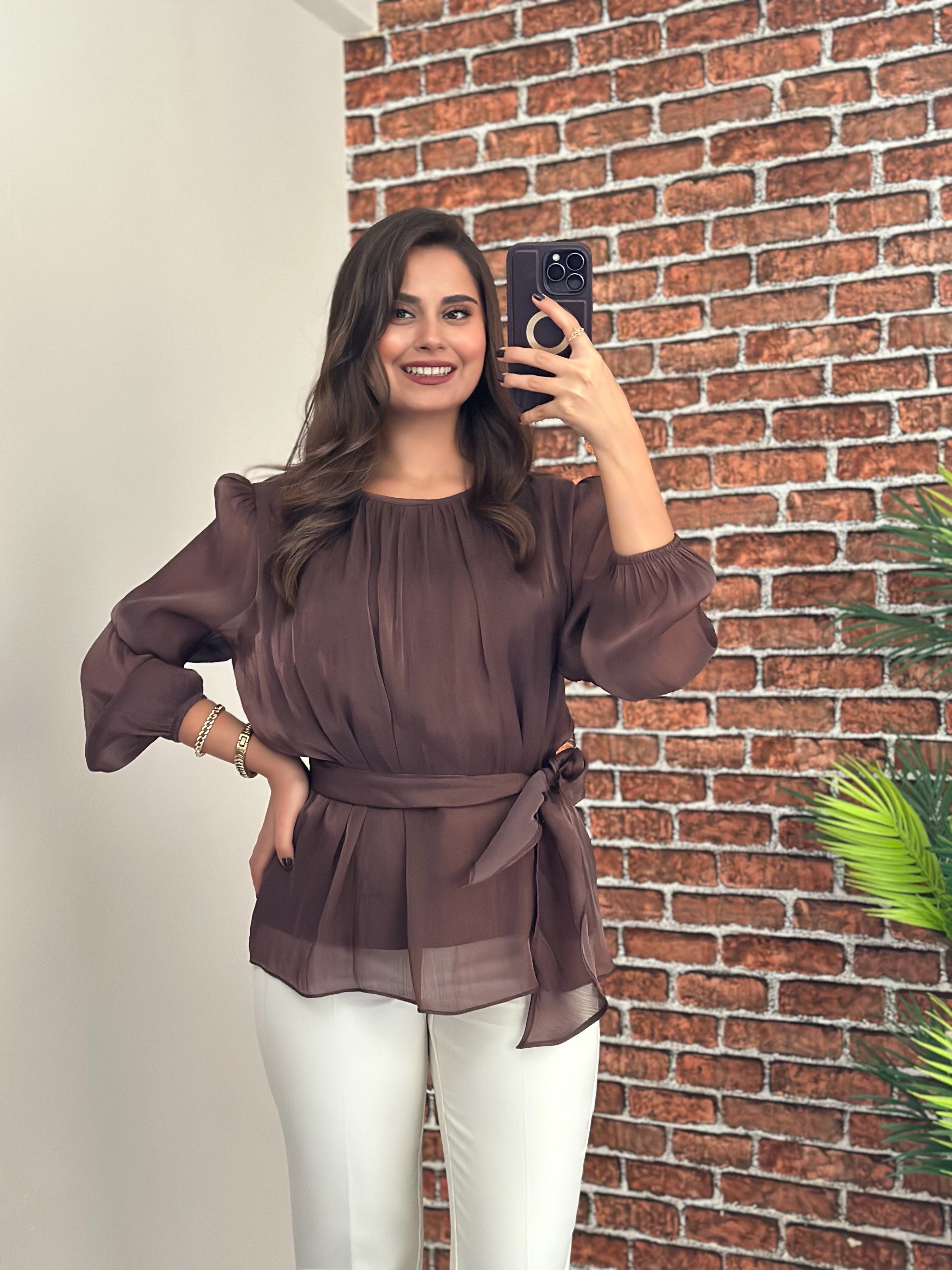 belden bağlamalı şifon bluz acı kahve 