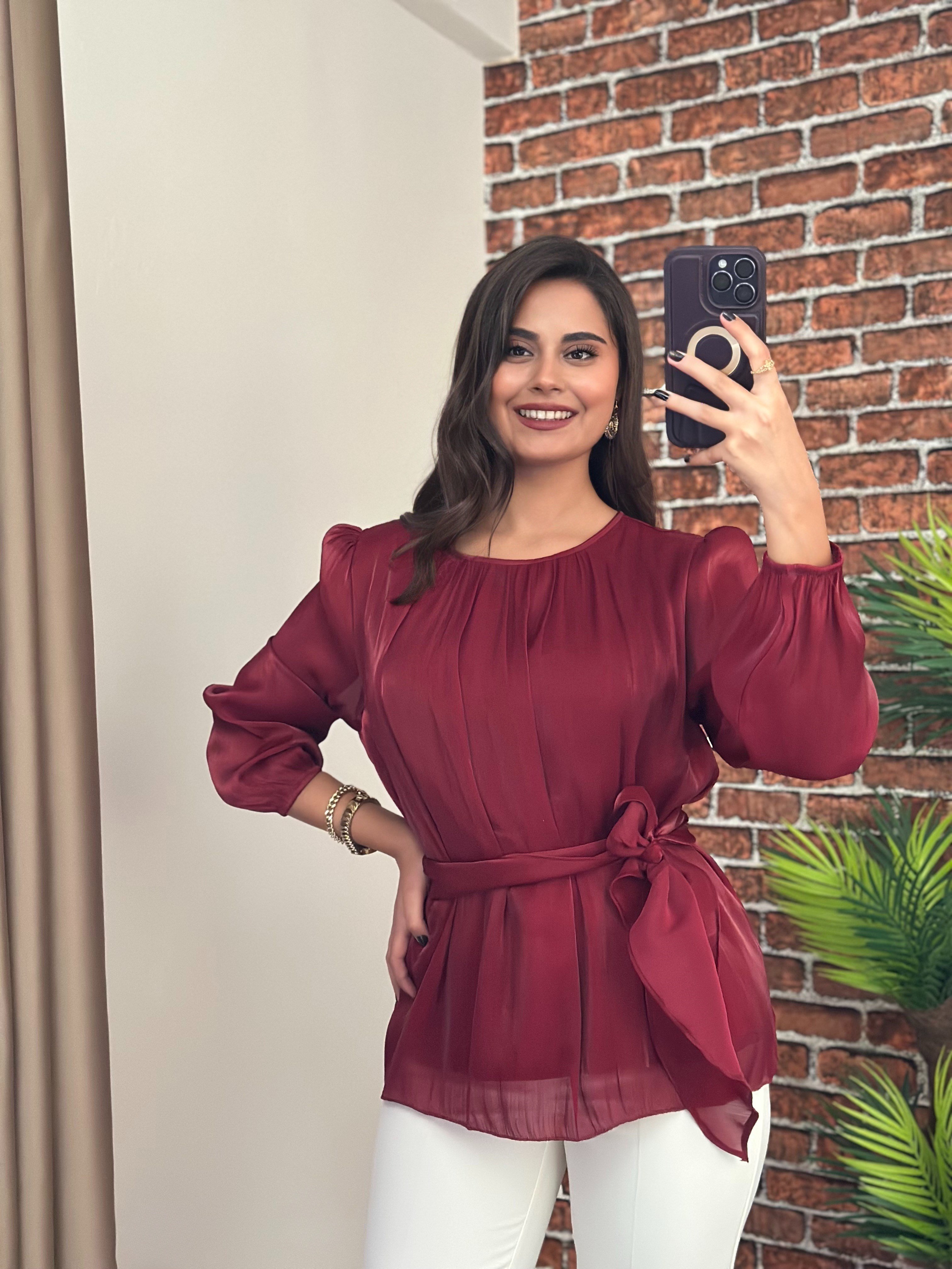 Belden Bağlamalı Şifon Bluz Bordo