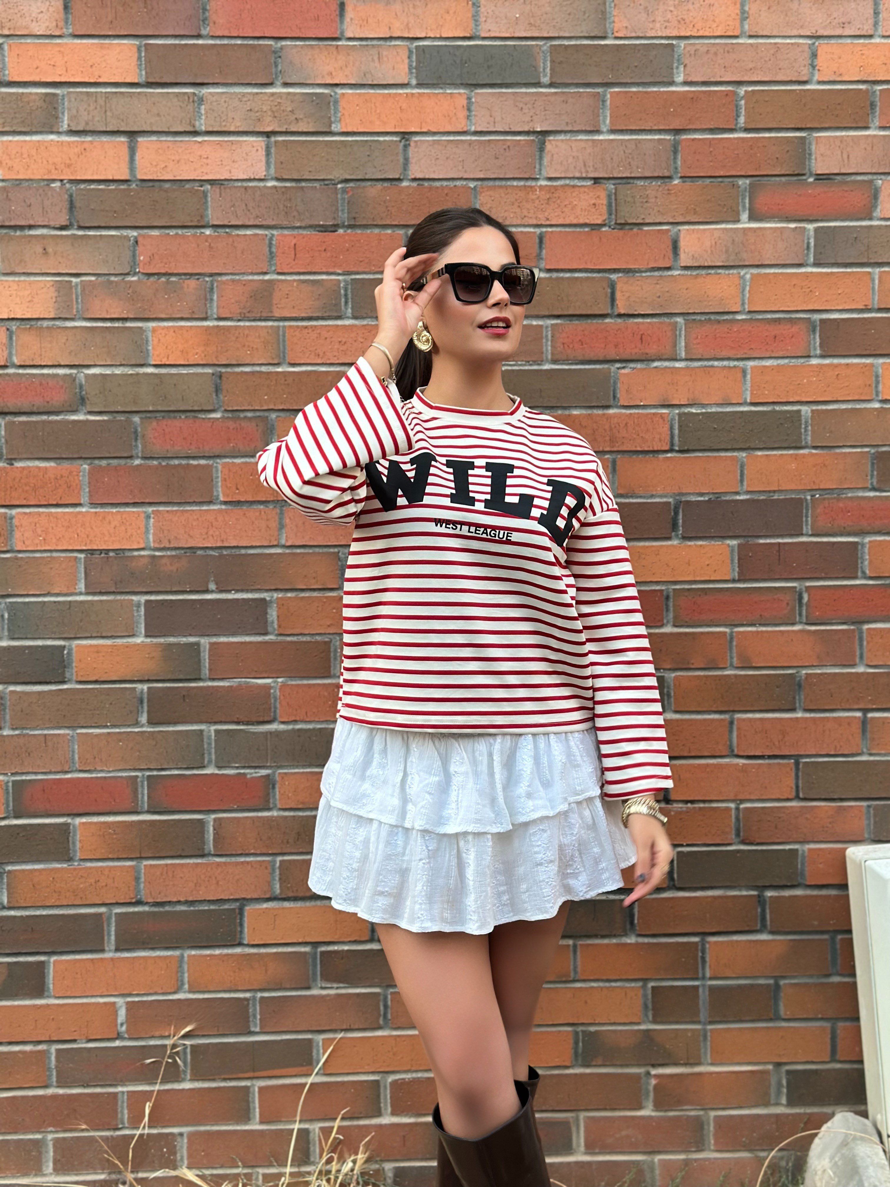 Çizgili Oversize Baskılı Bol Kesim Detaylı Sweatshirt 