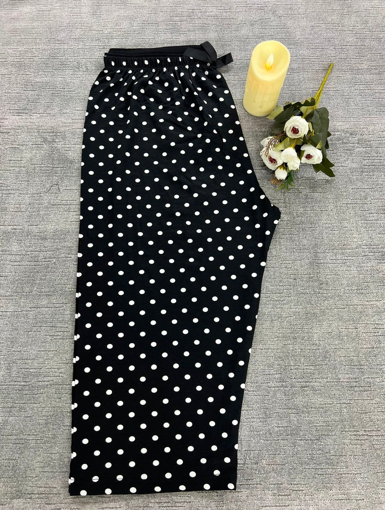 Full Likralı Beli Lastikli Kapri Pijama Altı Puantiye Desenli 