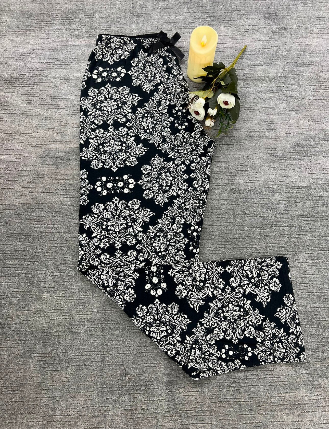 Full Likralı Beli Lastikli Uzun Pijama Altı Çiçek Motifli Desen