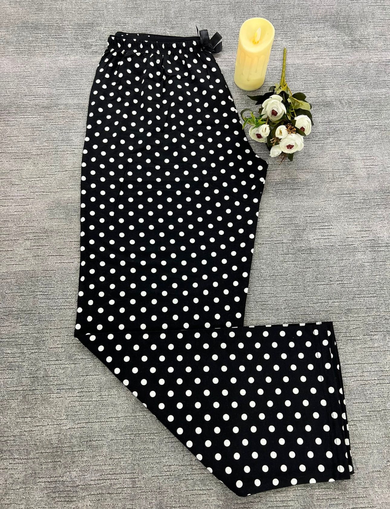 Full Likralı Beli Lastikli Uzun Pijama Altı Puantiyeli Desen