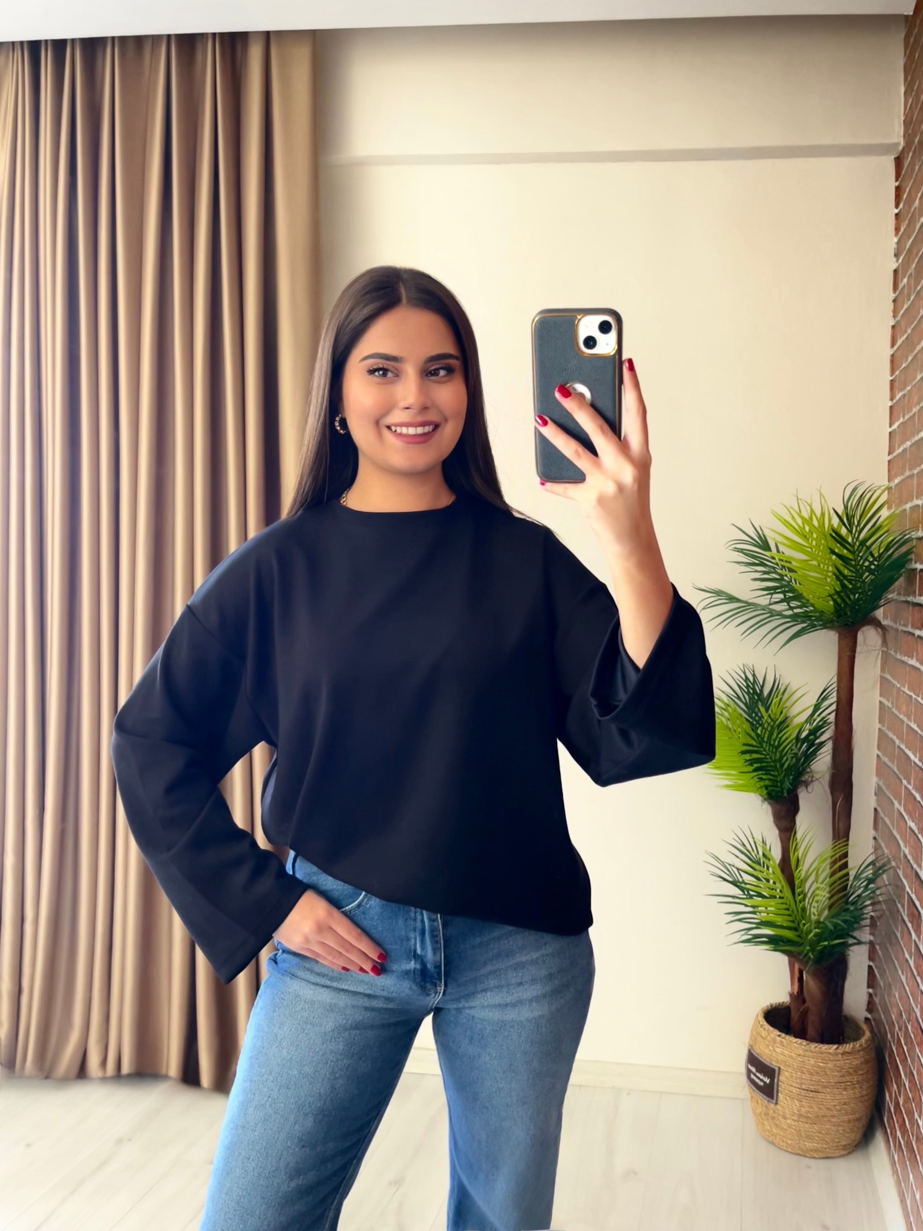 Geniş Kollu Oversize Premium Basic Sweatshirt Siyah