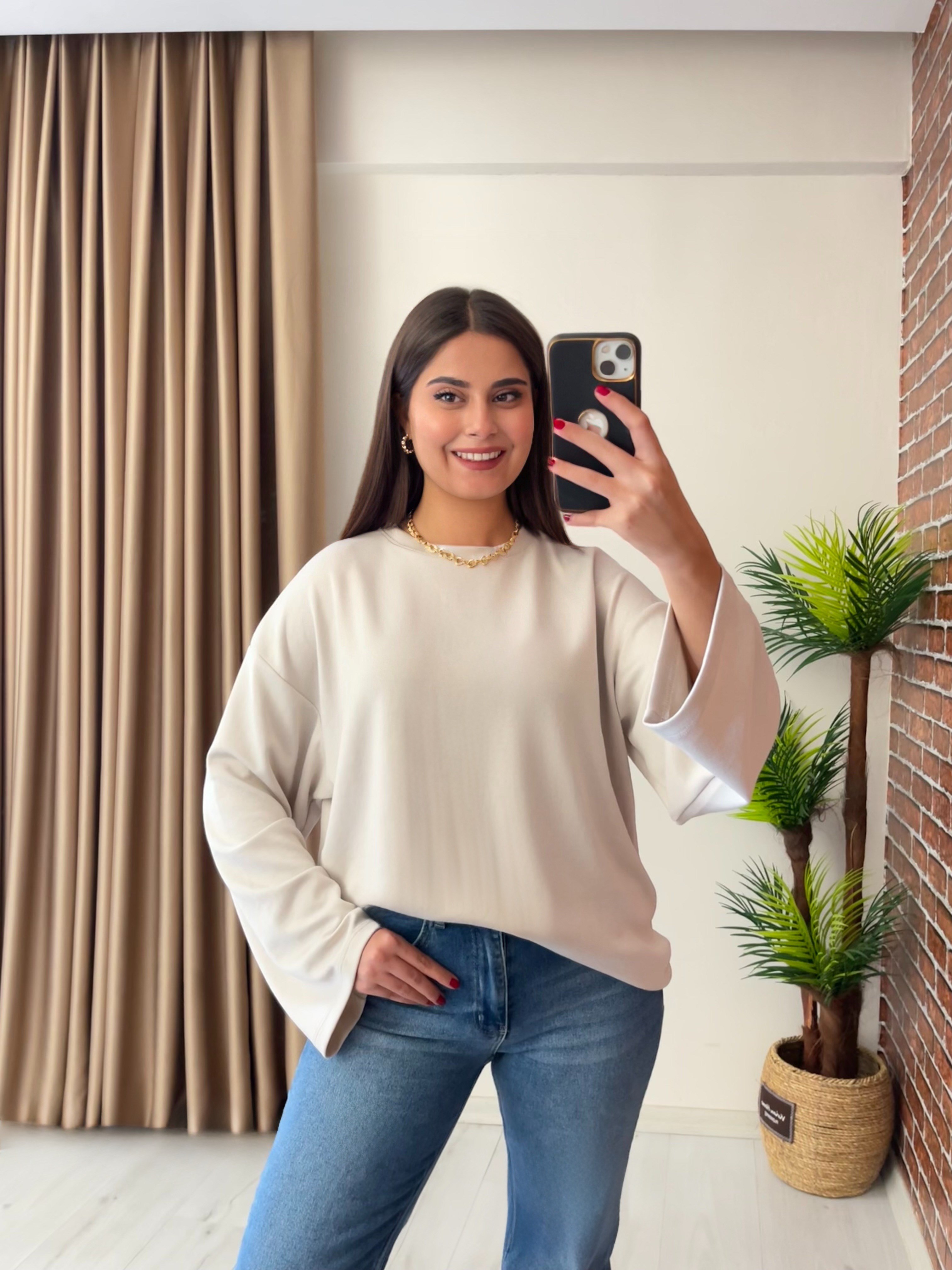 Geniş Kollu Oversize Premium Basic Sweatshirt Bej
