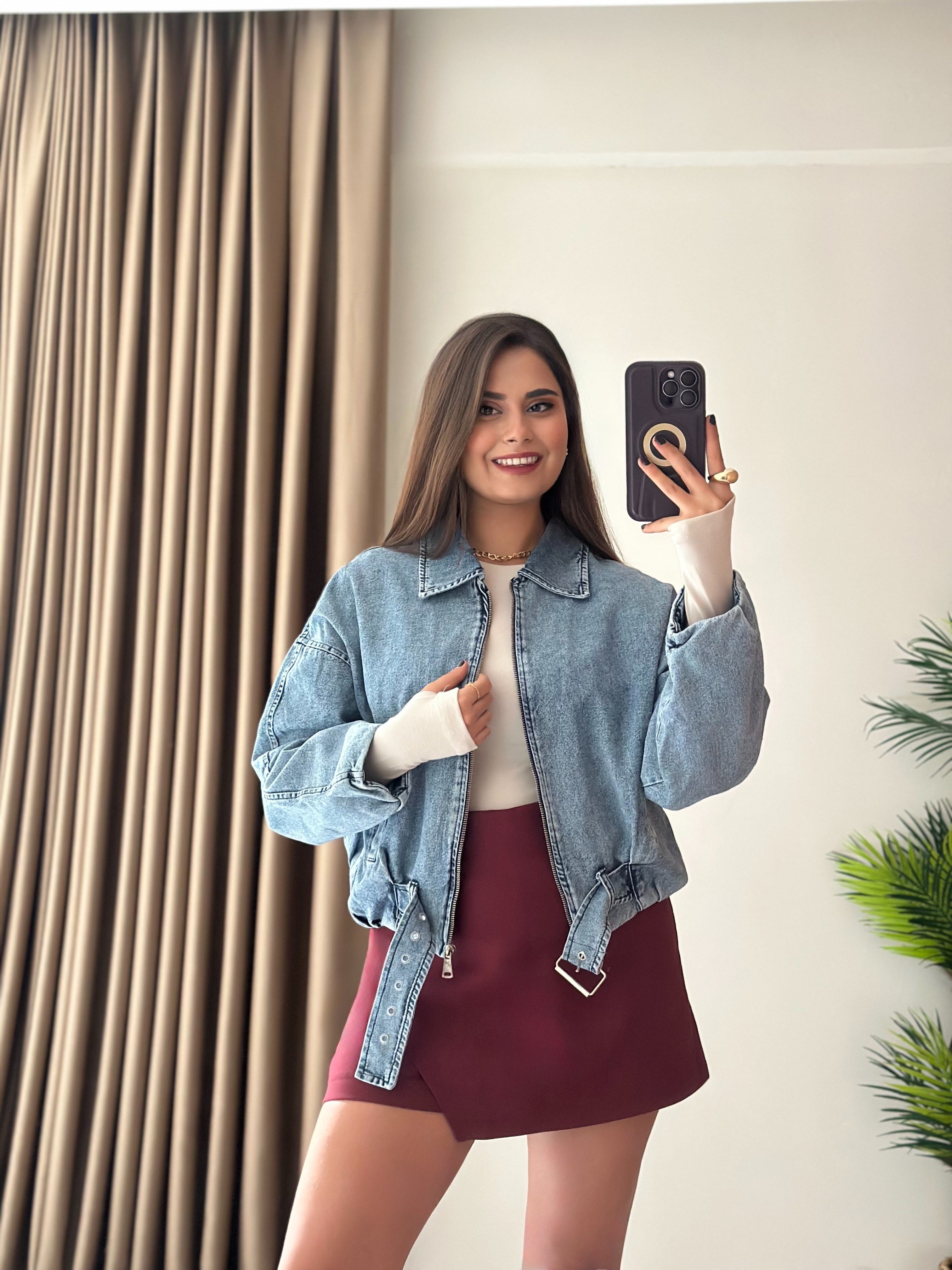 Kemer Detaylı Balon Kol Denim Bomber Ceket 