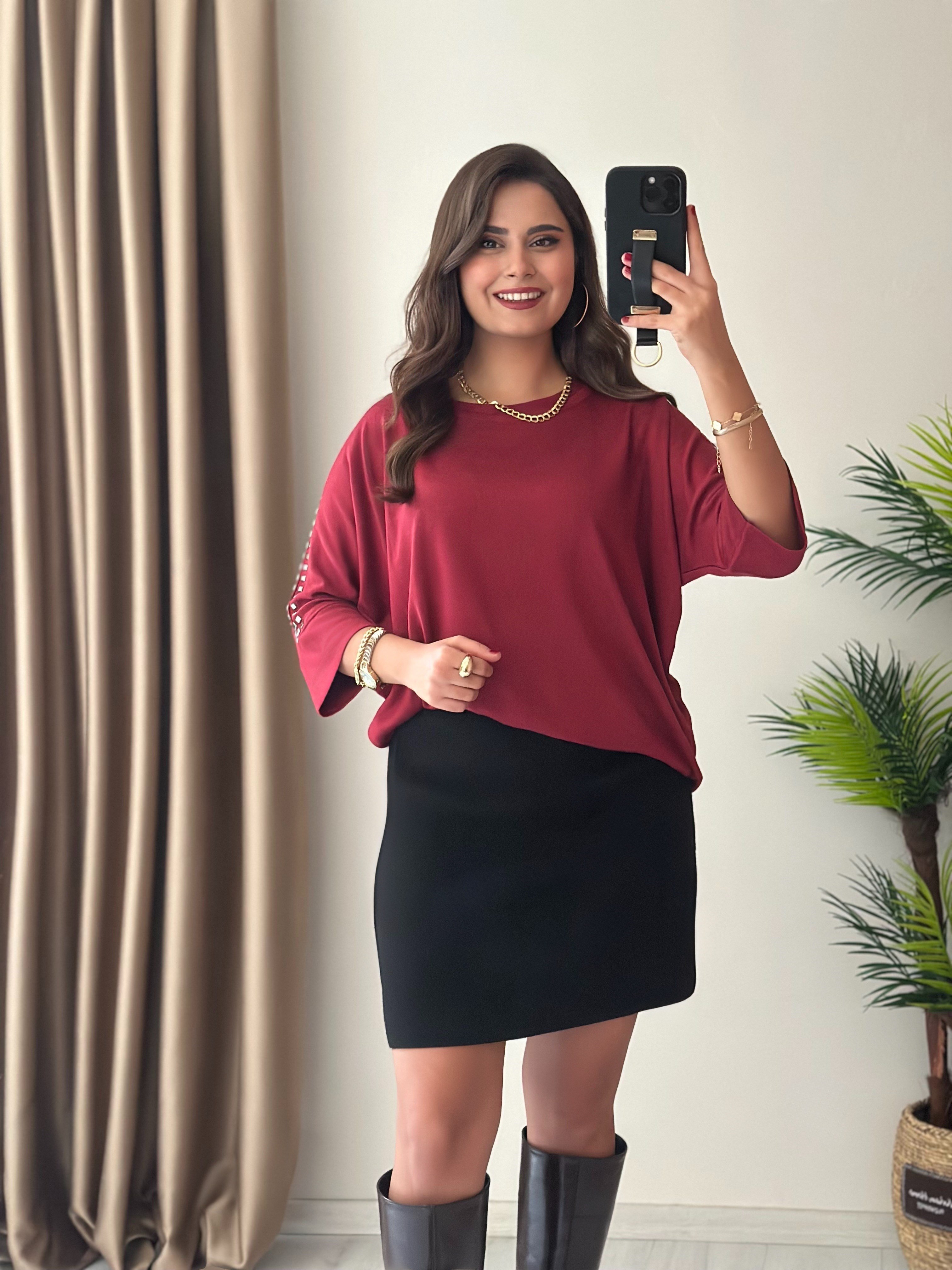 Kolları Taşlı İthal İplik Tasarım Triko Truvakar Kol Bluz Bordo