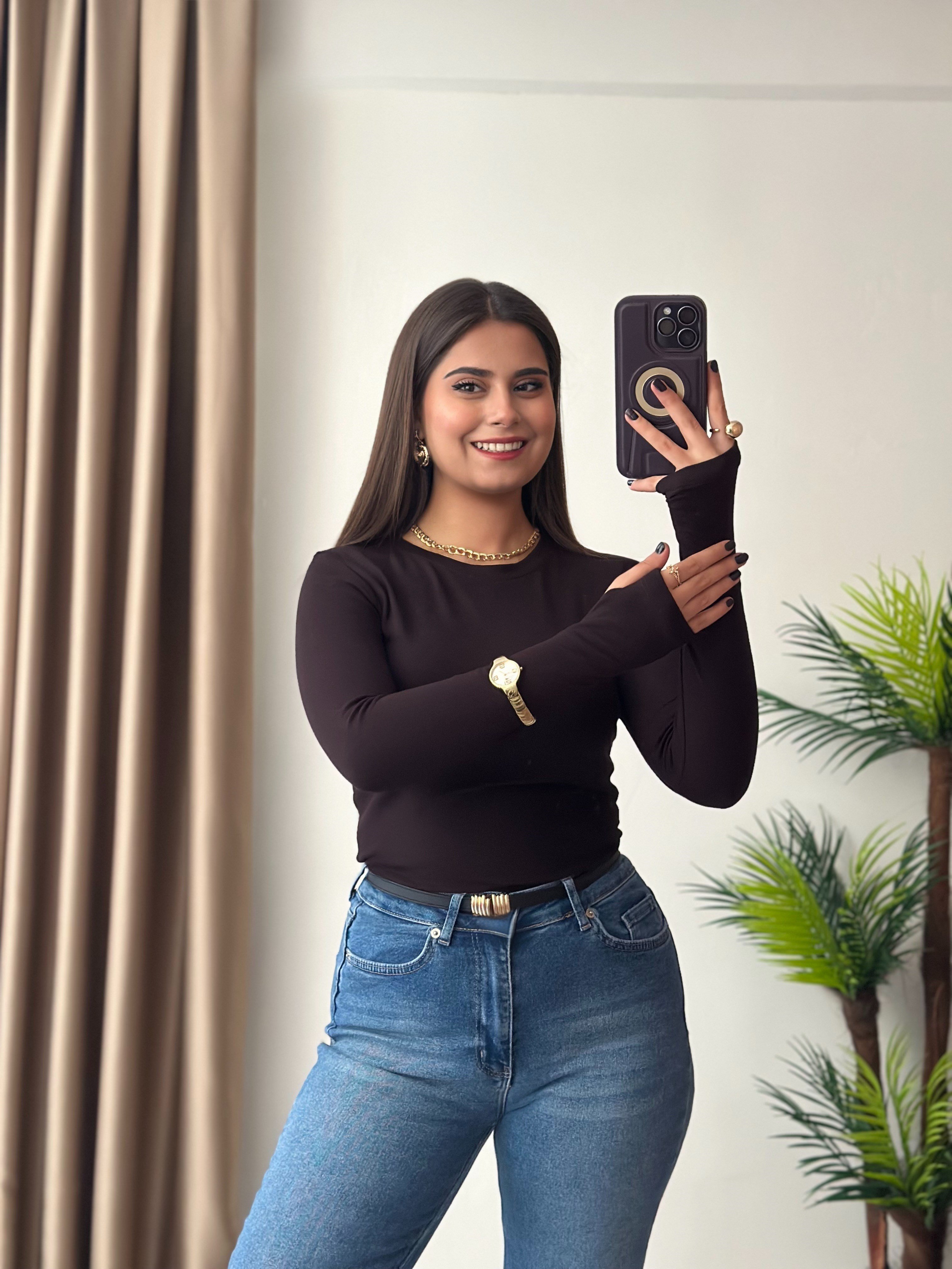 Oysho Kumaş Parmak Geçmeli Bisiklet Yaka Body Acı Kahve 