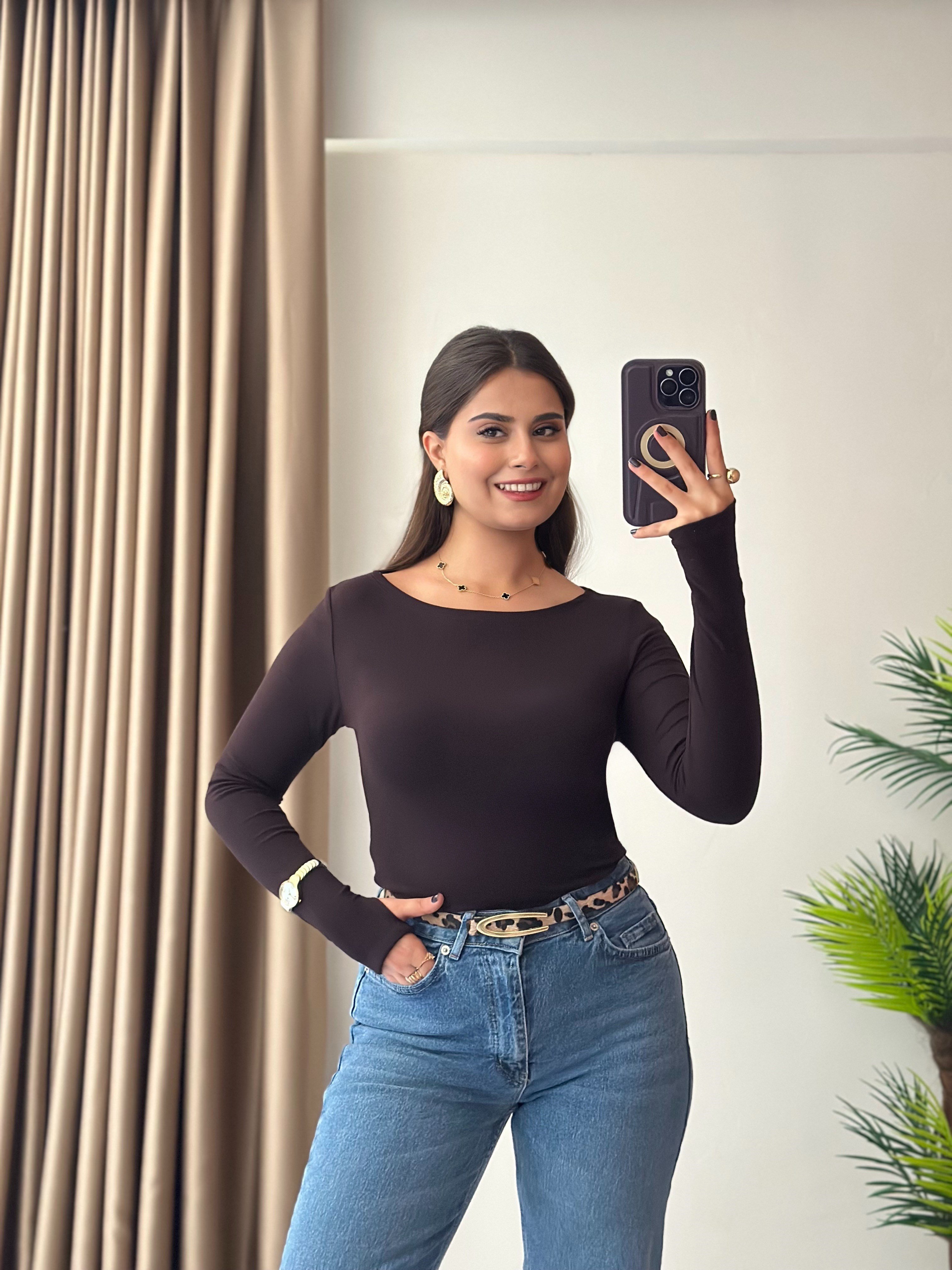 Oysho Kumaş Parmak Geçmeli Prenses Yaka Body Acı Kahve